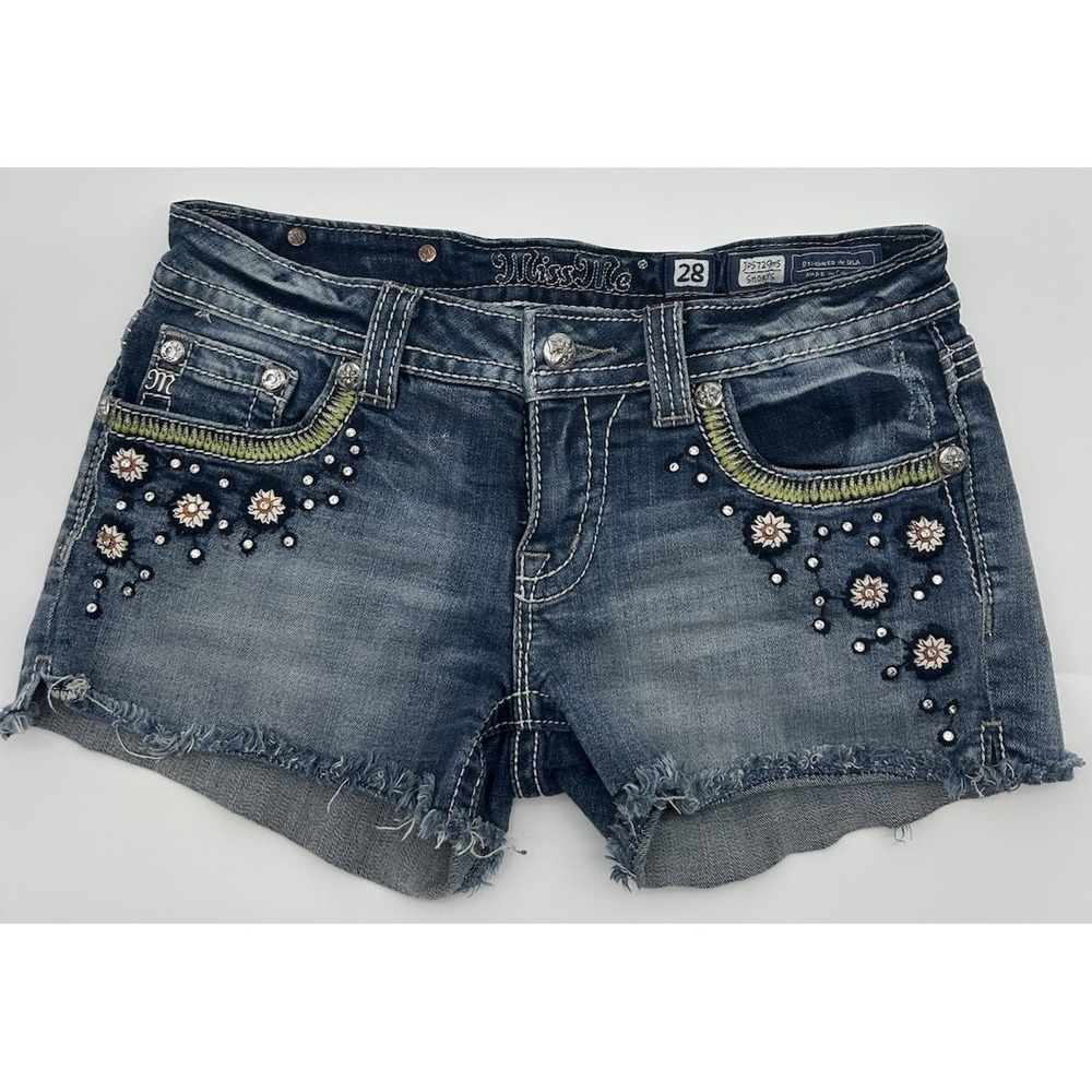 MISS ME Womens Cutt-Off Shorts, Size 28, Denim, JP5729H5, Daisies, Bling, Flower